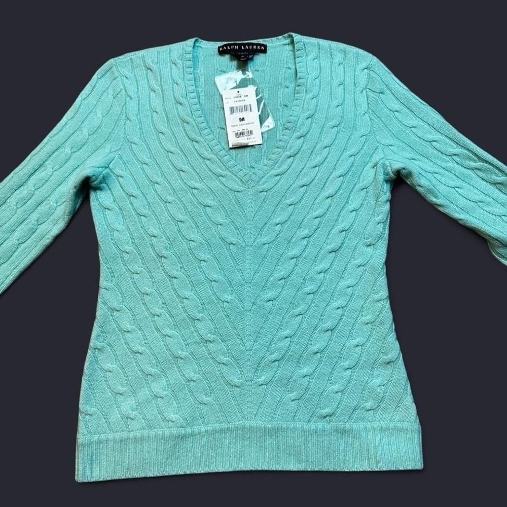 Ralph Lauren Black Label Cashmere V Neck Sweater Womens Medium Cable Knit
